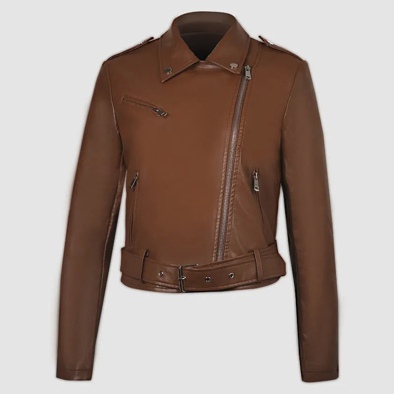 Women's black PU imitation leather motorcycle jacket with short lapel and waist belt