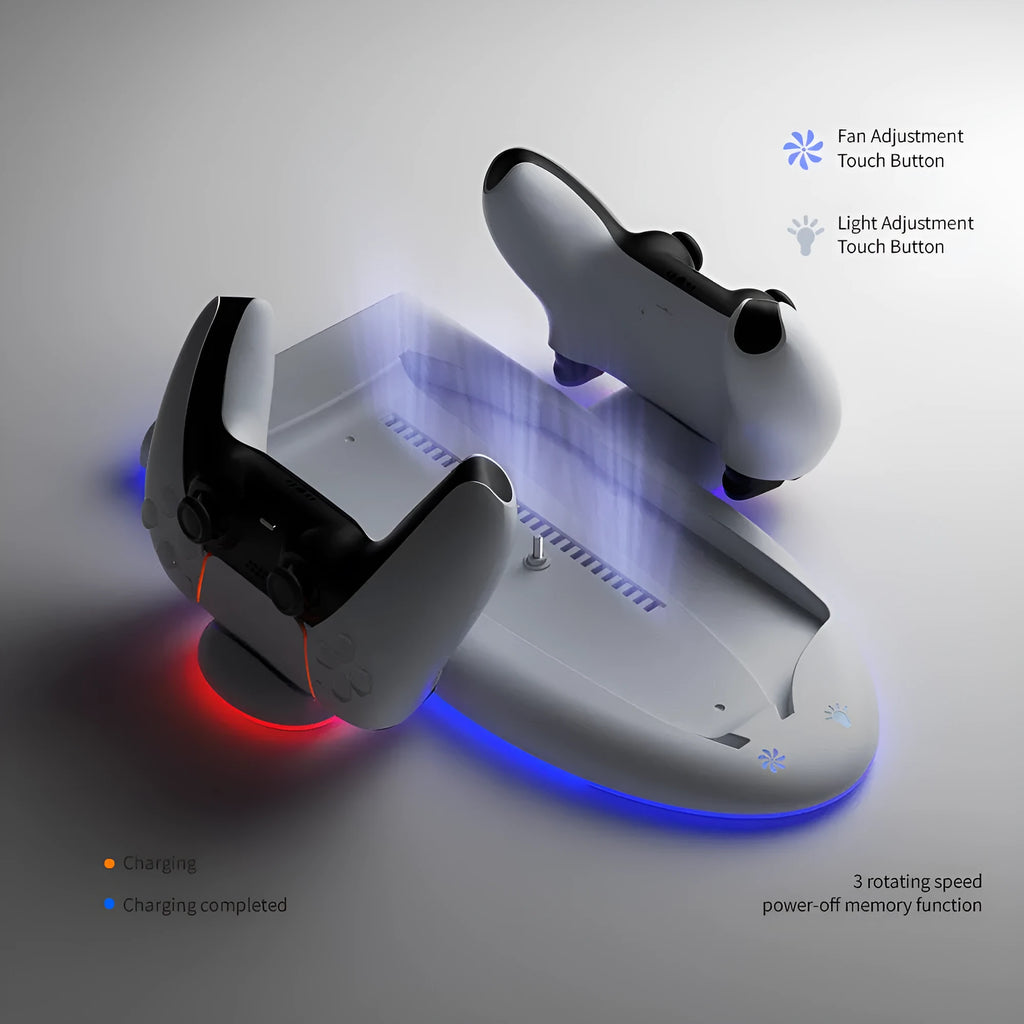 White PS5 Slim charging base with RGB lighting and cooling fan dimensions 29x22.8x3cm