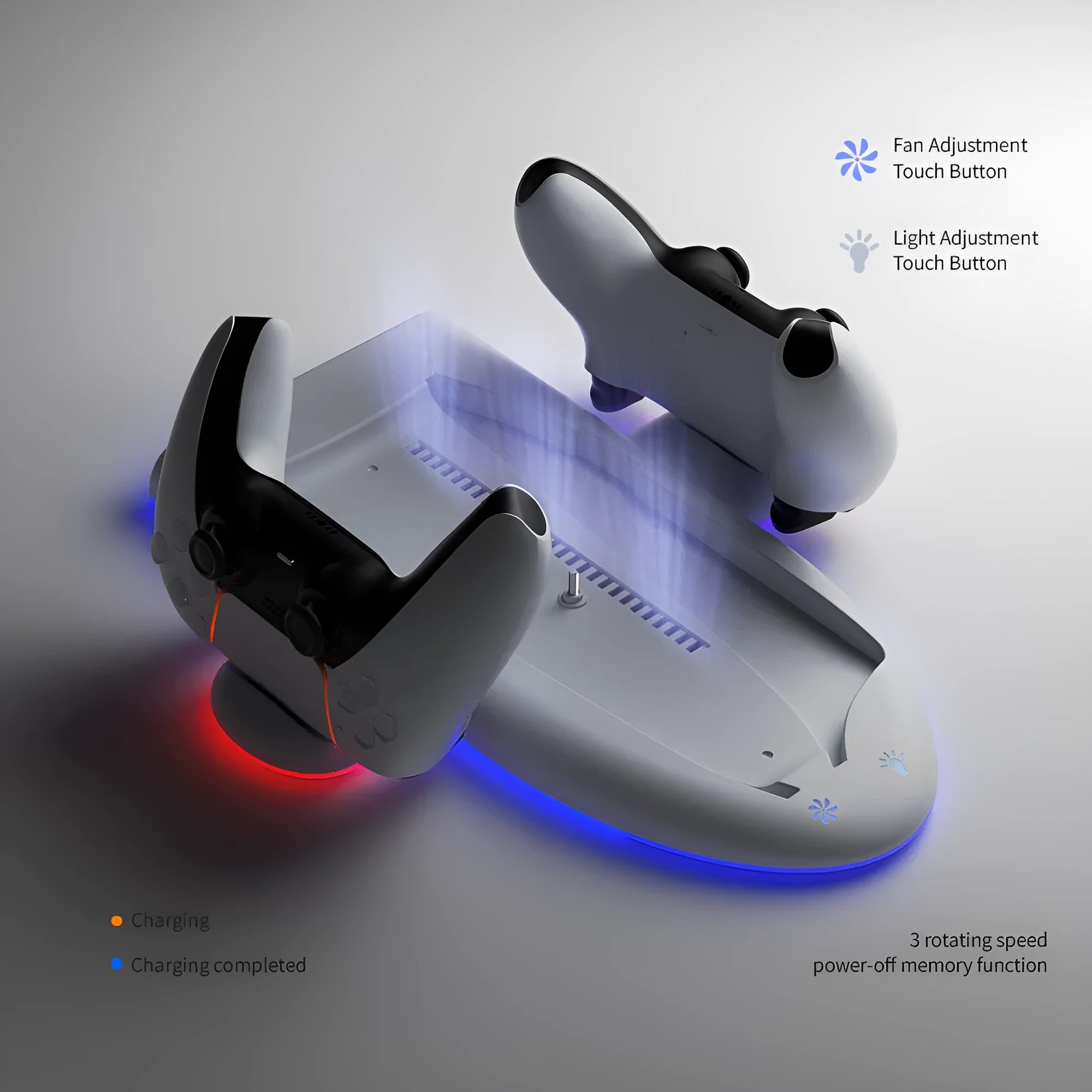 White PS5 Slim charging base with RGB lighting and cooling fan dimensions 29x22.8x3cm