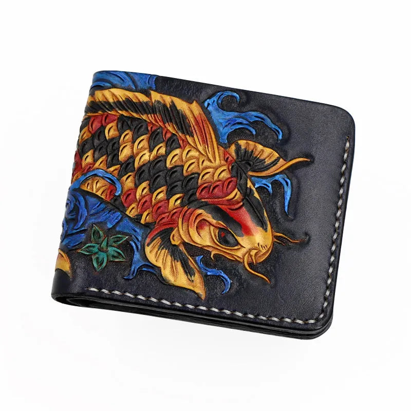 Men's red leather wallet with hand-carved texture and open closure