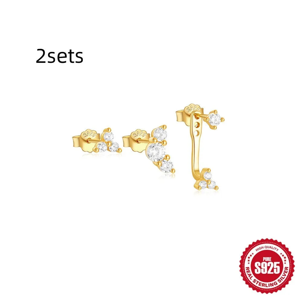 Three pairs of geometric zircon stud earrings in gold tones made from S925 sterling silver