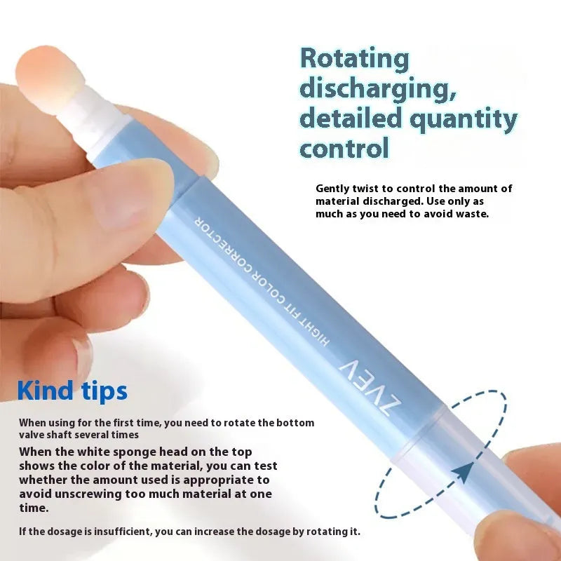 Concealer pen with sponge brush head for clothing stain correction in three colour-correcting shades