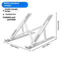 Silver aluminium folding laptop stand holding a laptop at an angle on a desk.