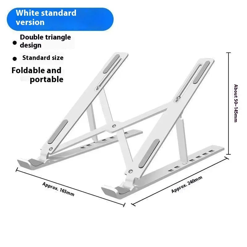 Silver aluminium folding laptop stand holding a laptop at an angle on a desk.