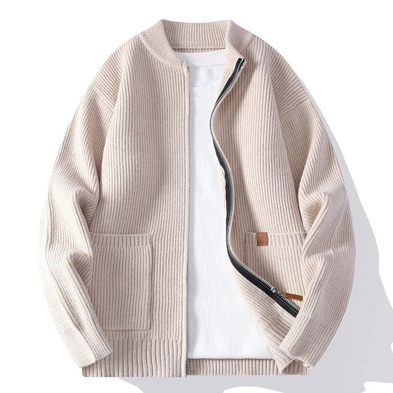 Men's beige striped straight fit cardigan jacket on a hanger
