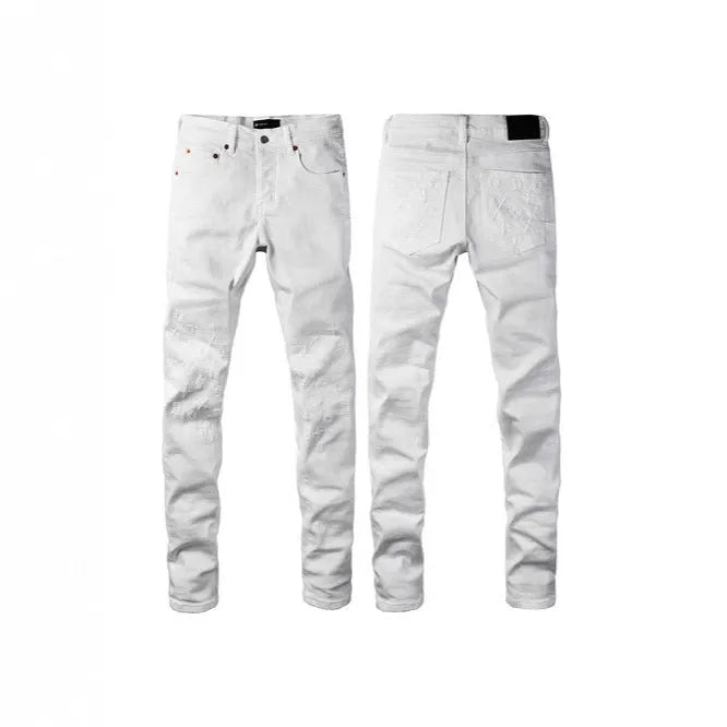 Black slim fit skinny jeans with straight leg, button fly, and manual distressing detail.
