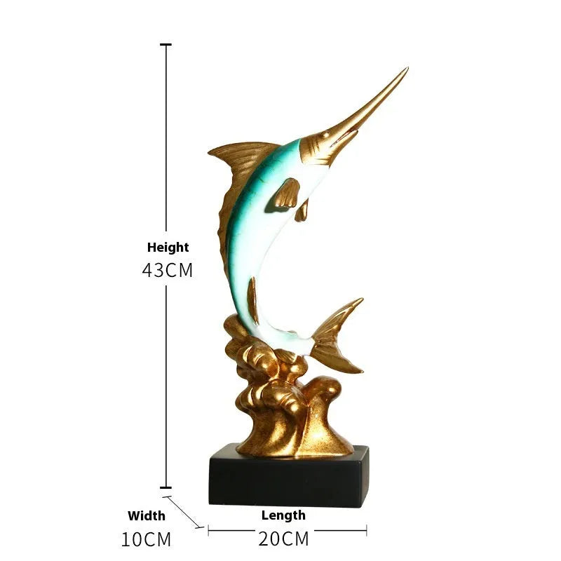 European stylised swordfish resin and plastic decorative ornament on a shelf.