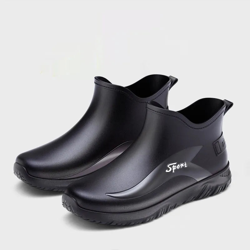 Men's non-slip flat short rubber boots in PVC material showing beige and black colour options