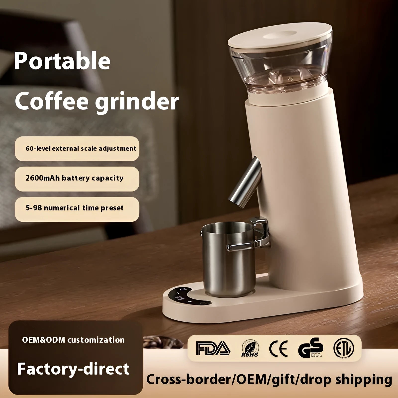 Portable electric coffee grinder with stainless steel body in retro or minimalist style