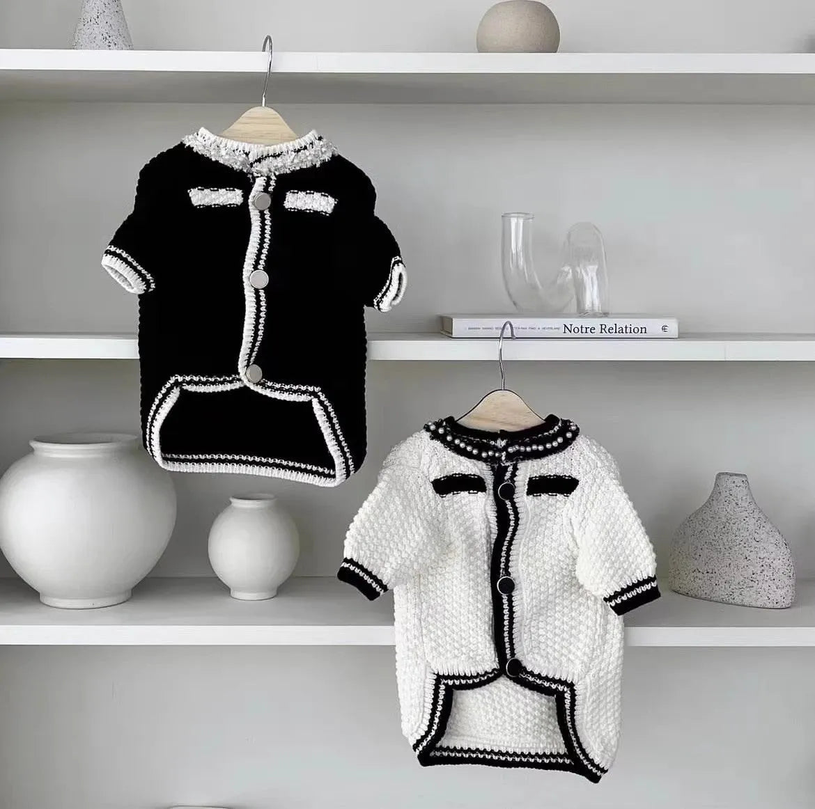 Korean style dog sweater with pearl collar in black or white colour options