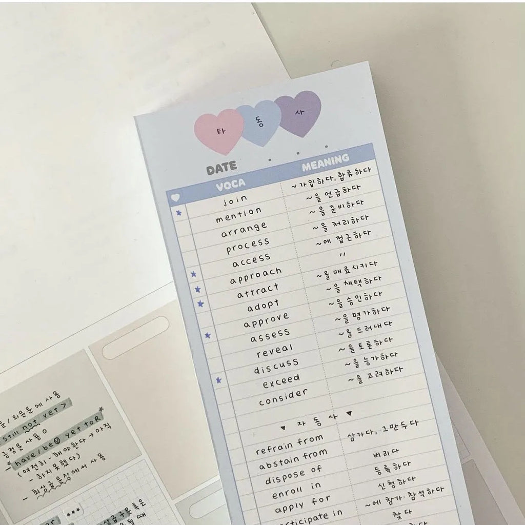Vertical B5 half-size notepad with double-sided printing in blue, pink, or purple cover colours