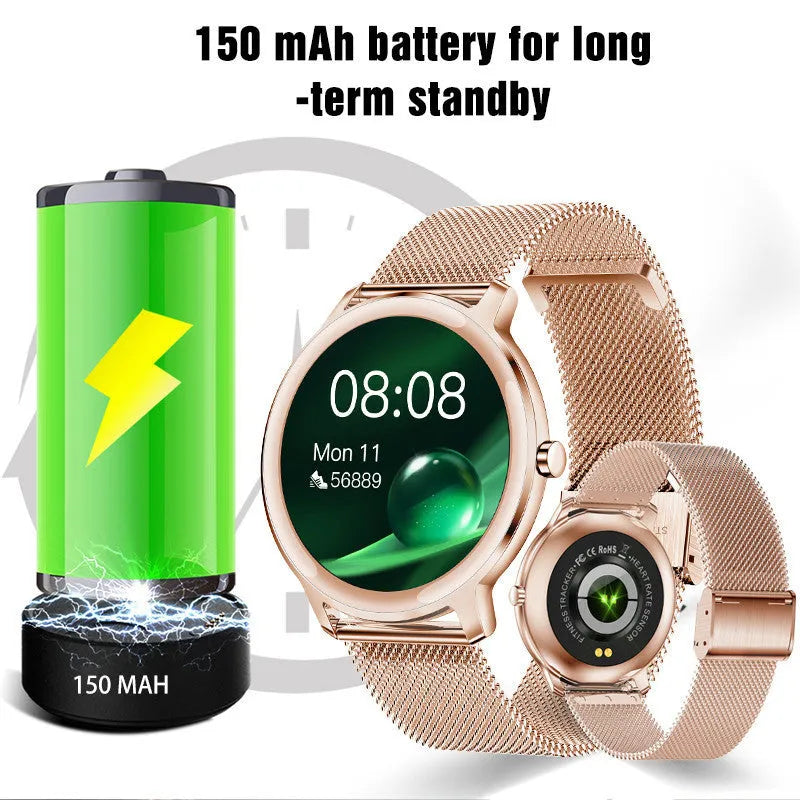 Women's silver smart watch with stainless steel wristband showing 1.3-inch touch screen display