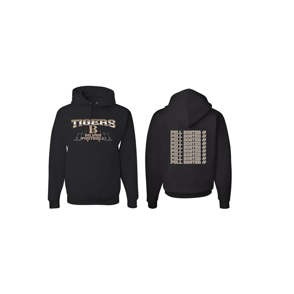 Black European-size polyester pullover hoodie with drop-shoulder sleeves and a hood.