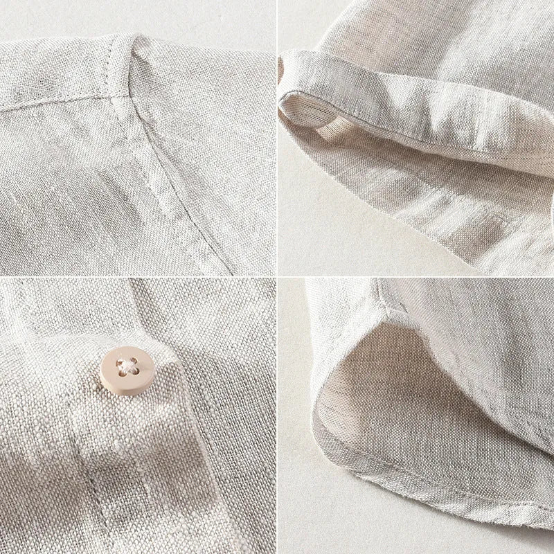 Men's raw jute coloured linen short sleeve shirt with a square collar laid flat.
