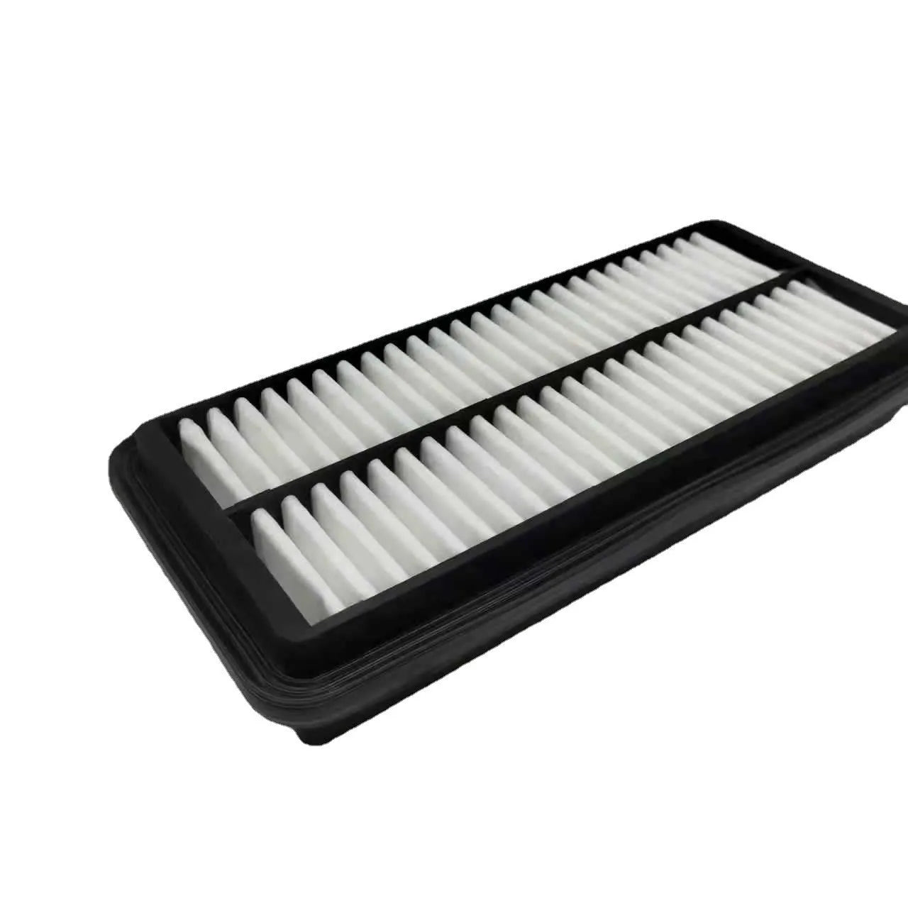 Black rectangular car air filter measuring 256mm by 113mm by 40mm