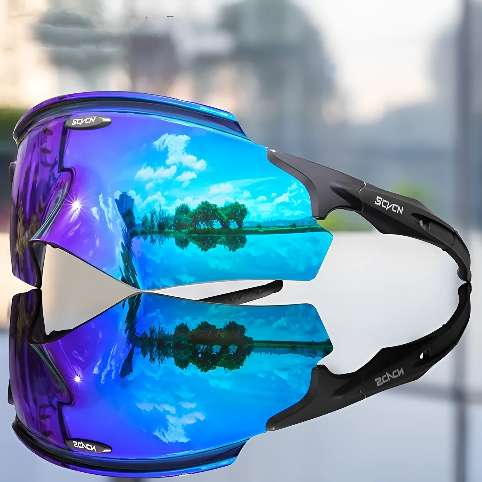 Frameless integrated lens sport glasses in a colour style, made of TR material for wind protection.