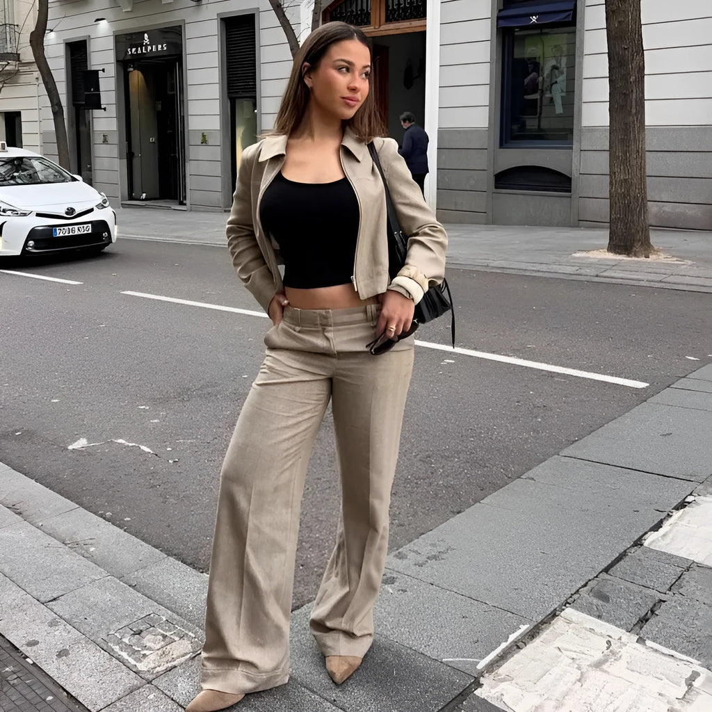 Women's summer casual herringbone pattern suit set with 3D embroidery showing jacket and trousers