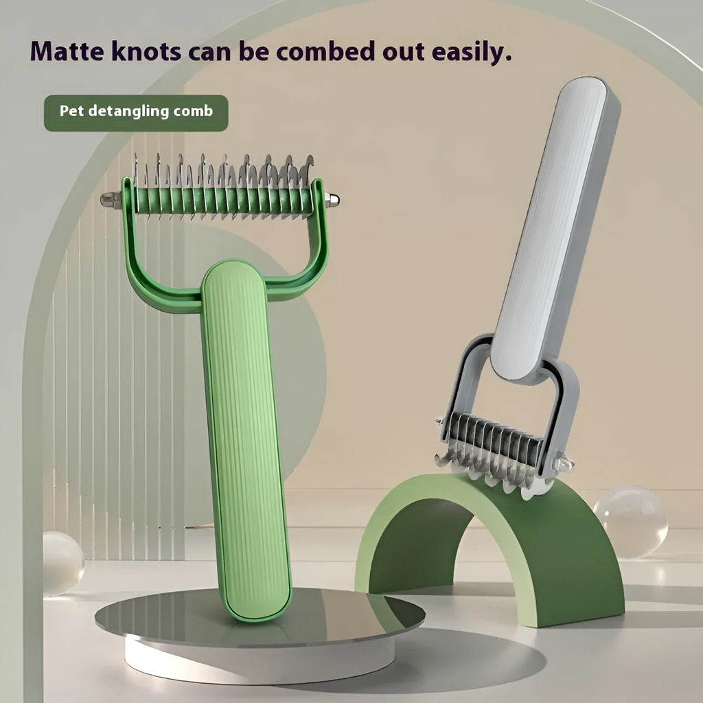 Pet grooming comb with stainless steel teeth for detangling dog hair in green and grey colour options