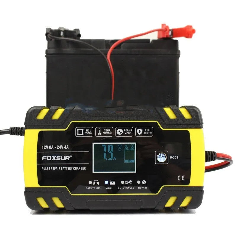 Motorcycle and car battery charger with screen display for 12V and 24V lead-acid batteries