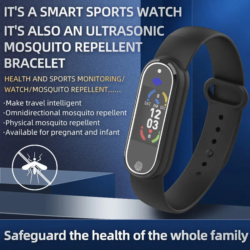 Ultrasonic mosquito repellent bracelet in black and white, wristband style, USB rechargeable, for outdoor family use