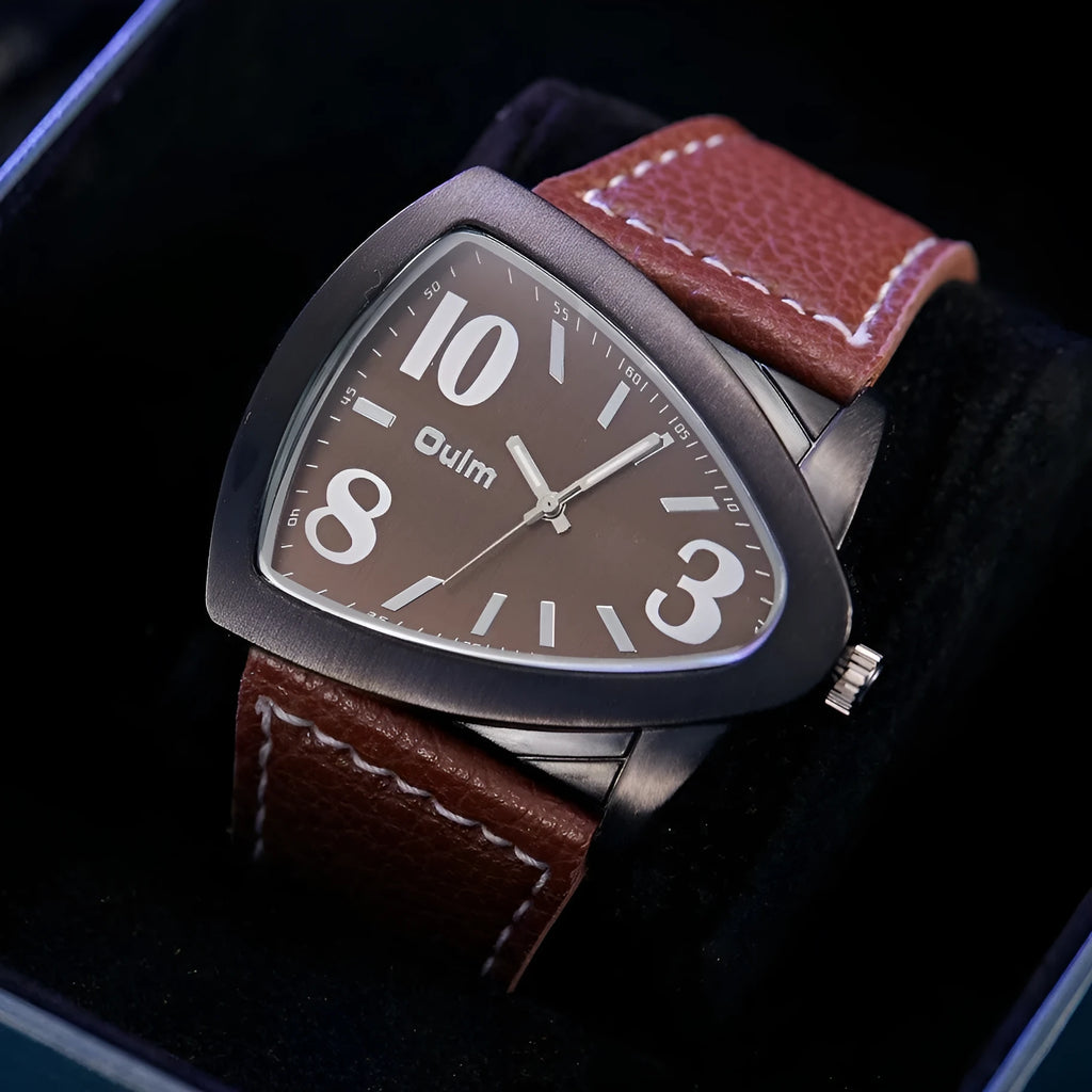 Men's casual triangle belt quartz watch with slim 9mm profile in brown, black, blue colour options
