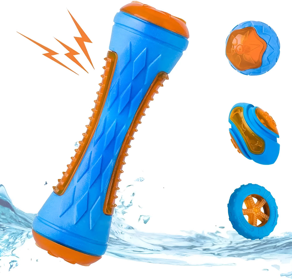 Set of three floating TPR dog toys: a blue ball, an orange barbell, and green tyres on a pool edge.