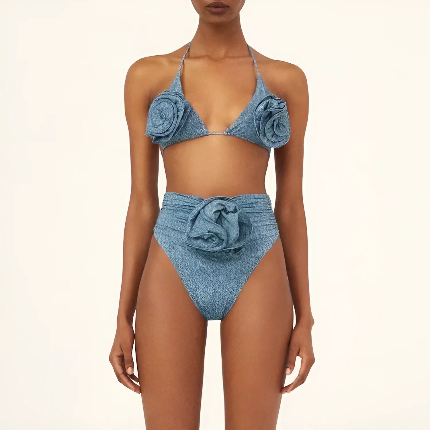 Women's 3D flower decoration halter lace-up bikini in split suit colour, polyester fabric, front view