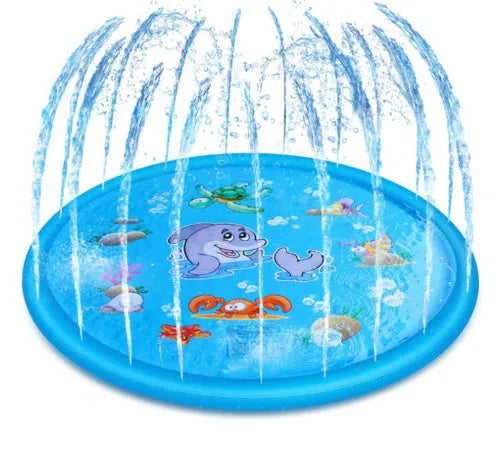 Blue PVC children's water spray play mat with marine animal designs for outdoor garden use
