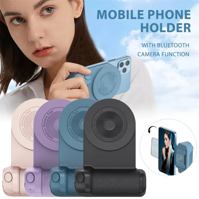 Black magnetic camera grip phone holder with wireless charging and PU leather handle on wooden surface