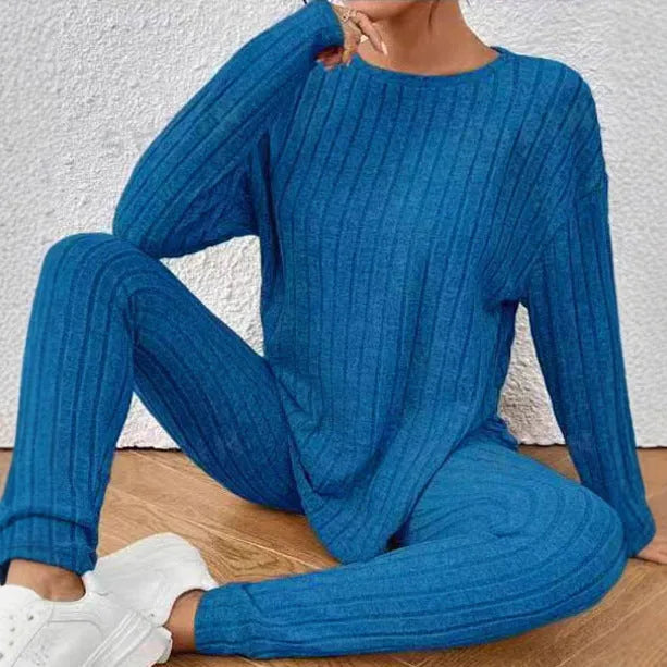 Women's black sunken stripe two-piece casual homewear set with regular sleeves