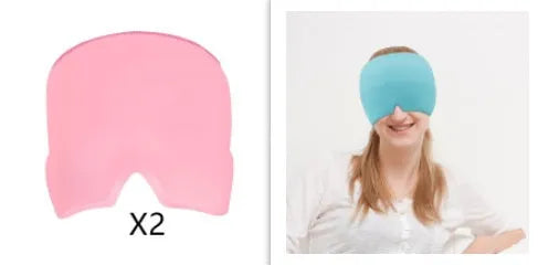 Cold therapy gel eye mask for headache relief in black colour on forehead