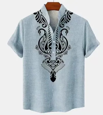 Men's striped loose fit casual shirt with personalised buttons on a hanger.