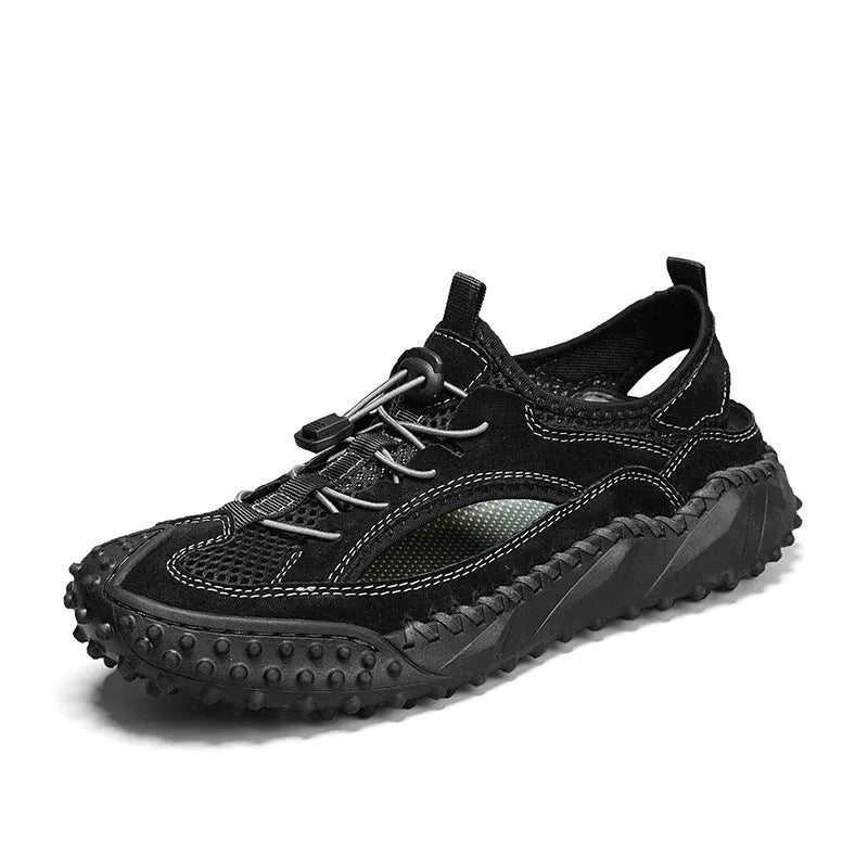 Men's black hollow sports sandals with leather mesh upper, rubber sole, and elastic band closure