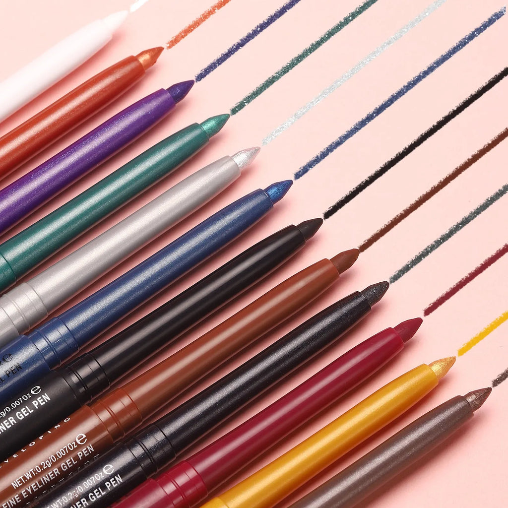 12 colourful gel glitter eyeliner pencils in matte, glitter, metallic and pearl effects