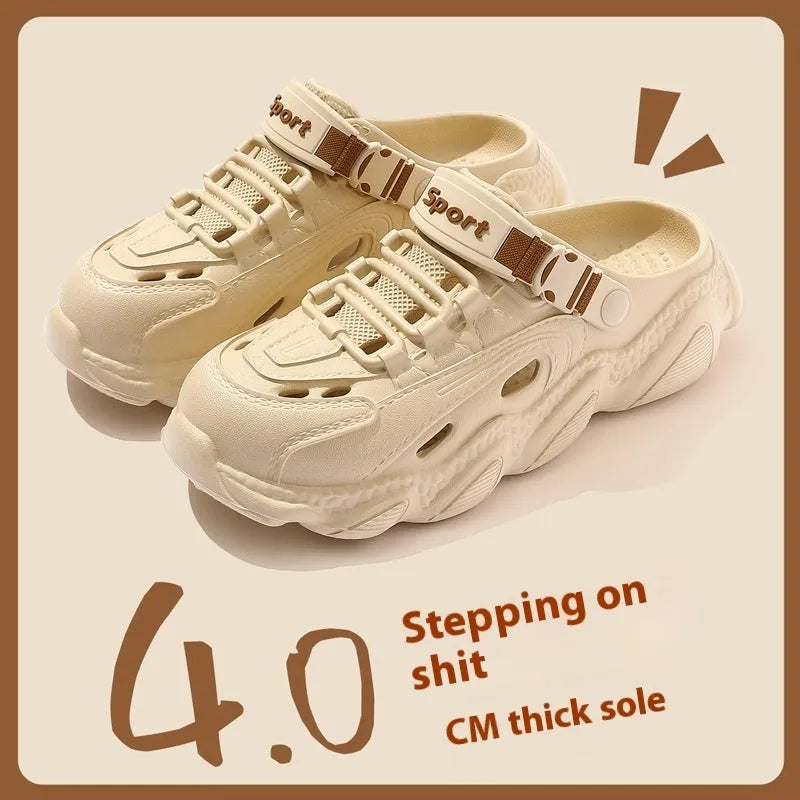 Men's khaki outdoor slippers with hollow-out design and textured EVA sole.
