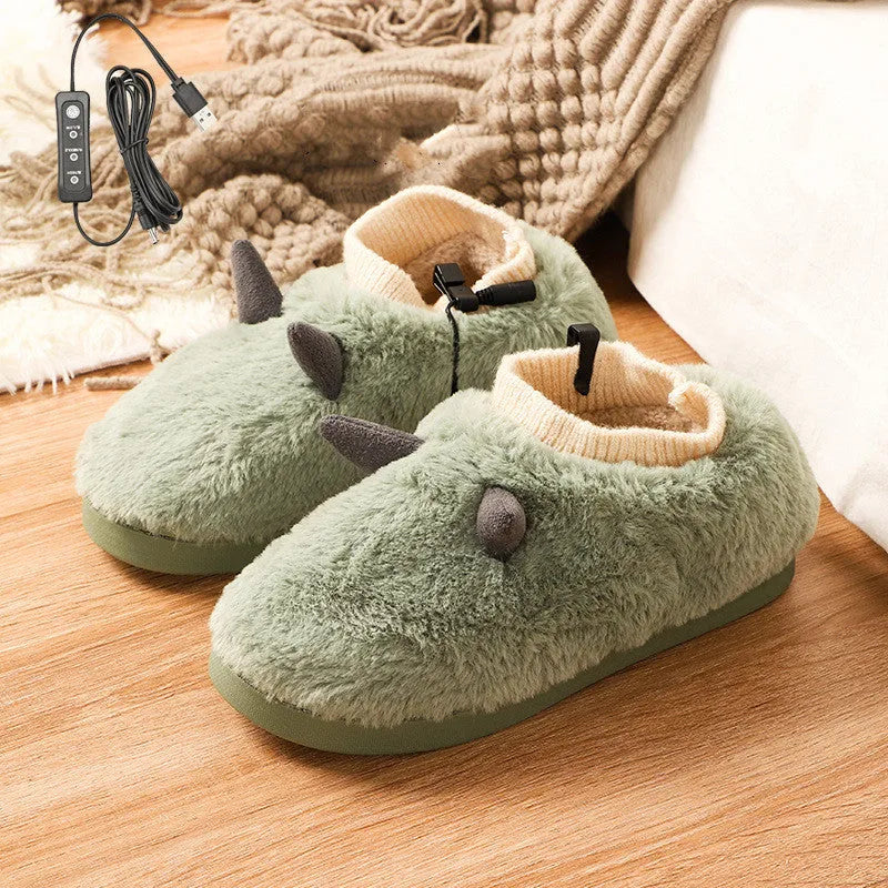 USB electric foot warmer slippers in black, grey, matcha green, and taro colours with soft velvet upper.