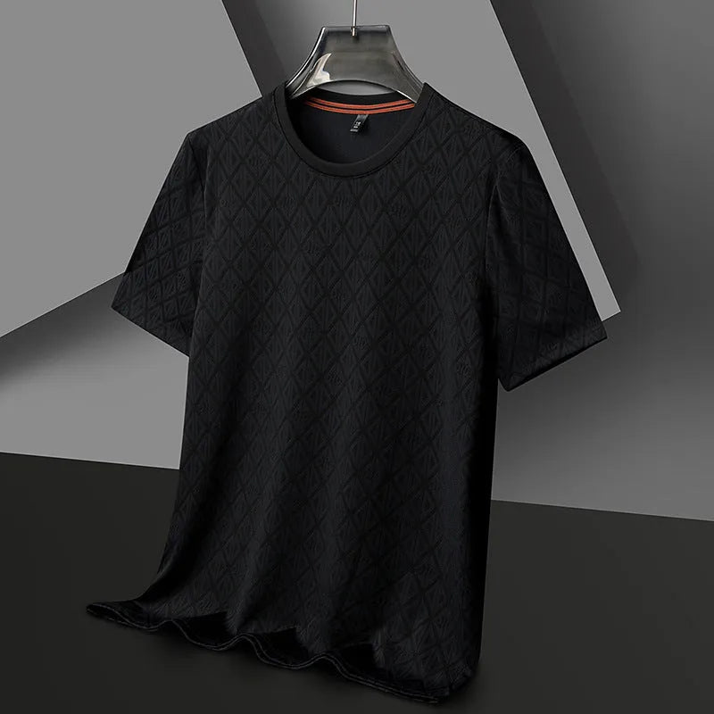 Men's loose fit round neck short sleeve T-shirt in ice silk fabric, shown in solid colour options.