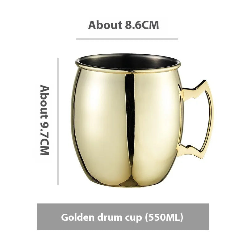 Copper plated stainless steel Moscow Mule mug in hammered and smooth styles, shown in silver, gold, rose gold, and black.