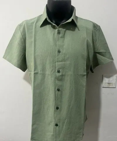 Men's loose fit short sleeve linen shirt in a cotton and linen blend, shown in apricot colour.