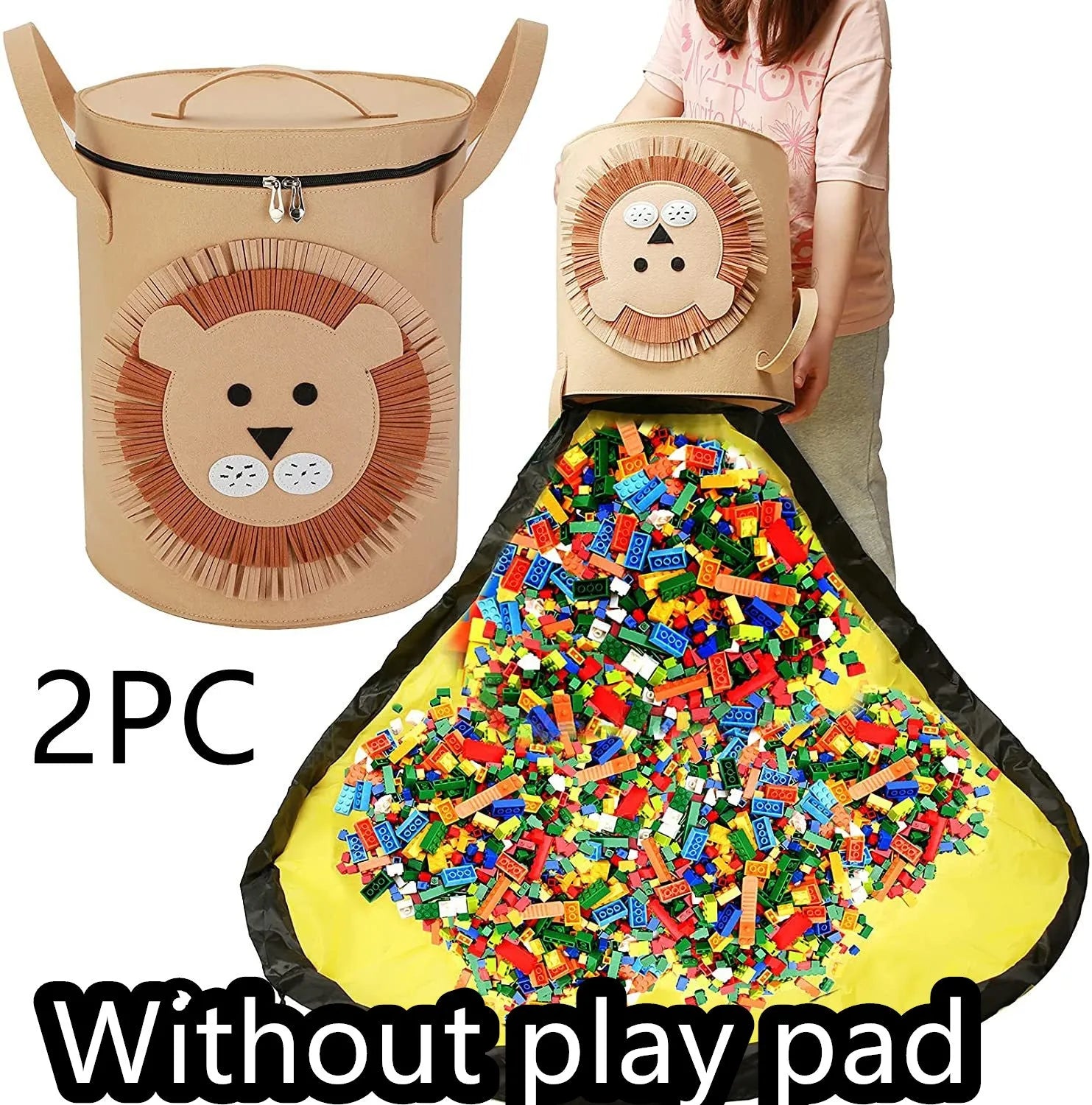 Green cube-shaped felt storage bag with pull rope lying flat as a play mat.