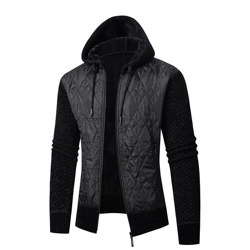Men's grey hooded corduroy sweater coat with cinched style and wool construction