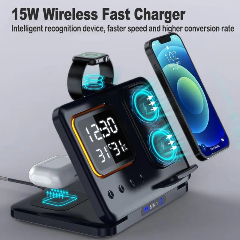 Black and white 15W wireless charging station with LED display showing time, charging phone, watch and headphones