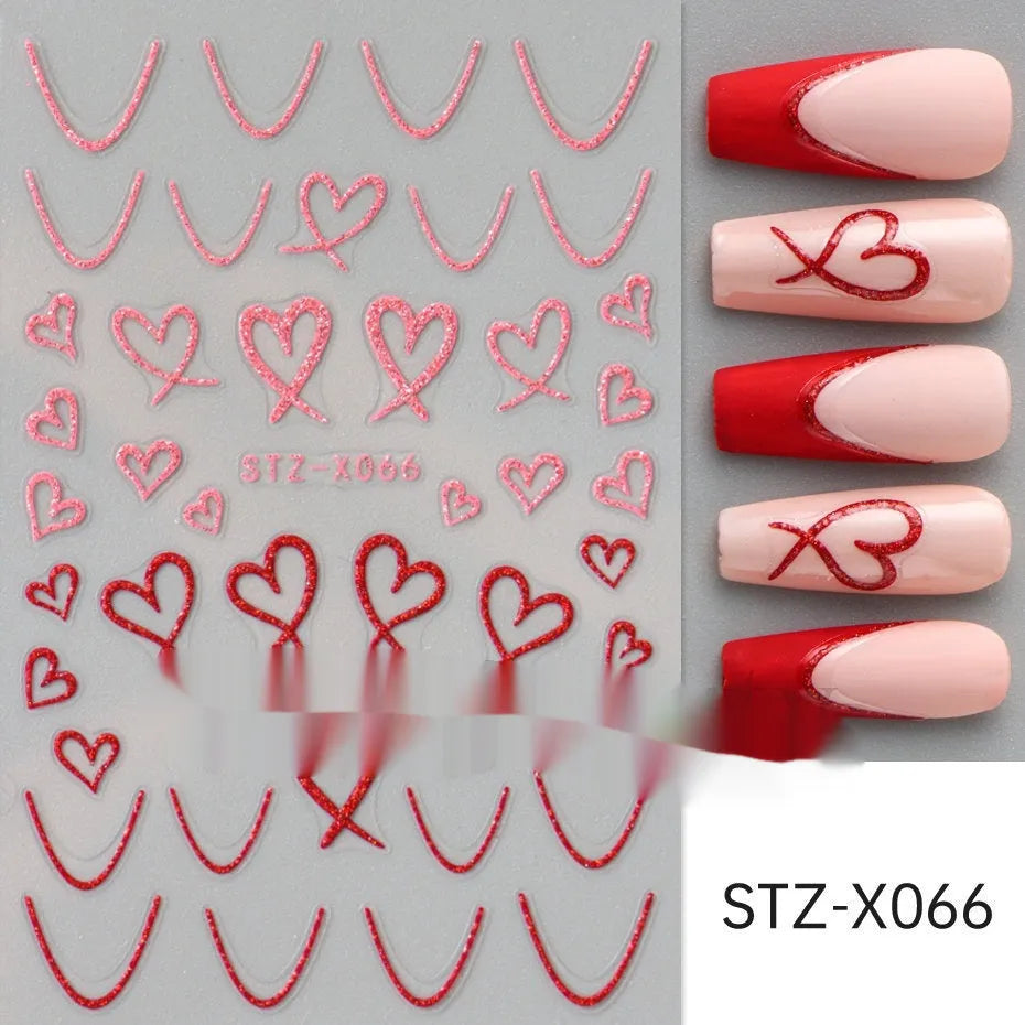 Close-up of a cartoon-style nail sticker with black and silver strips and a love pattern design on a fingernail.