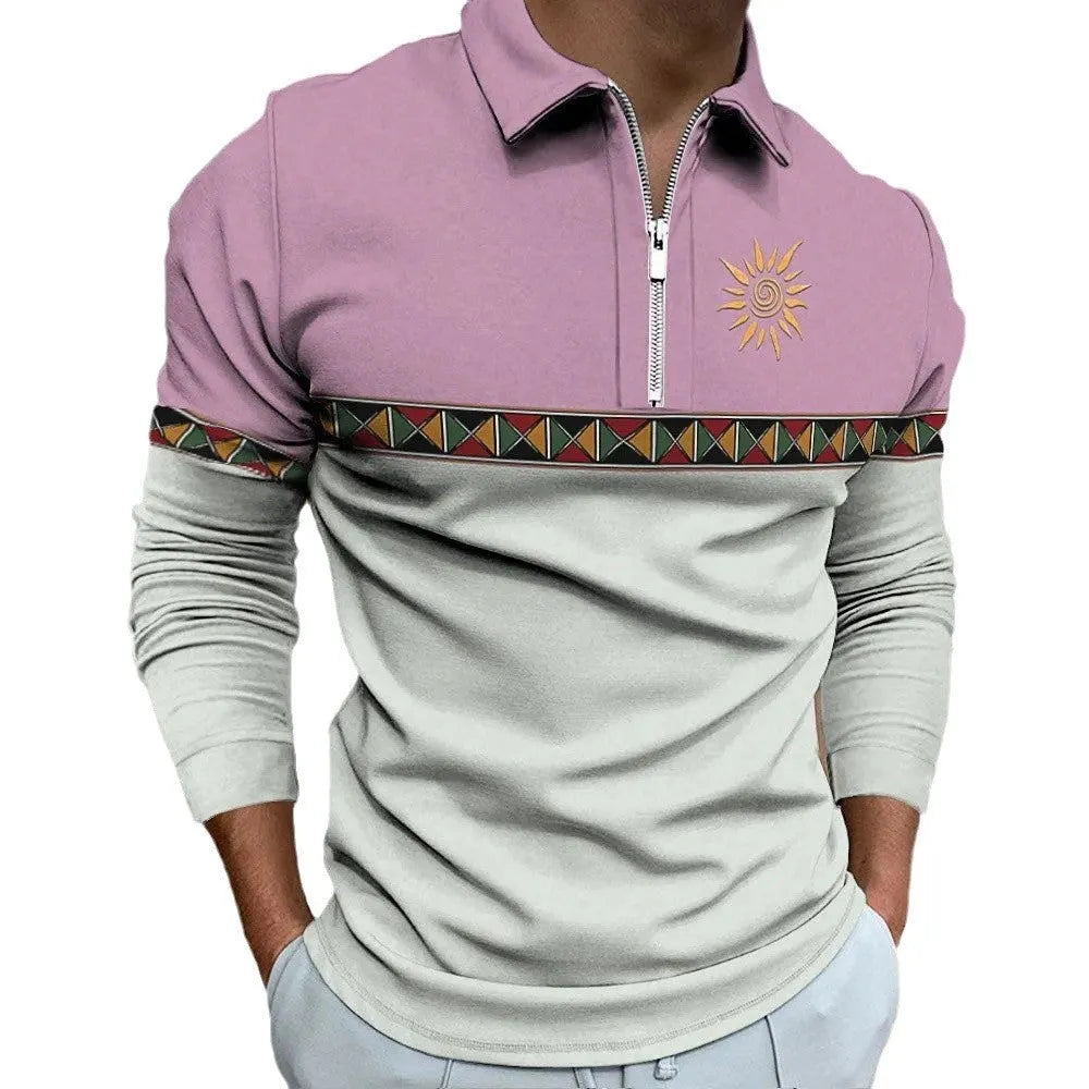 Men's loose fit long sleeve t-shirt with retro colour printing and stripe pattern, showing zip detail on sleeve.