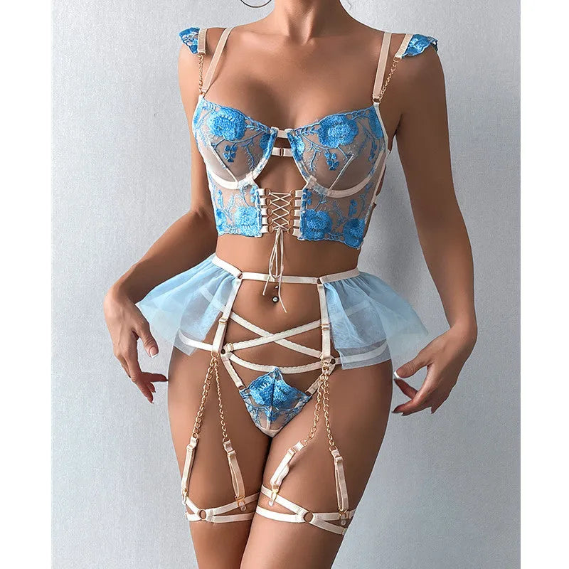Light blue embroidered transparent push-up bra and brief set with lace detailing