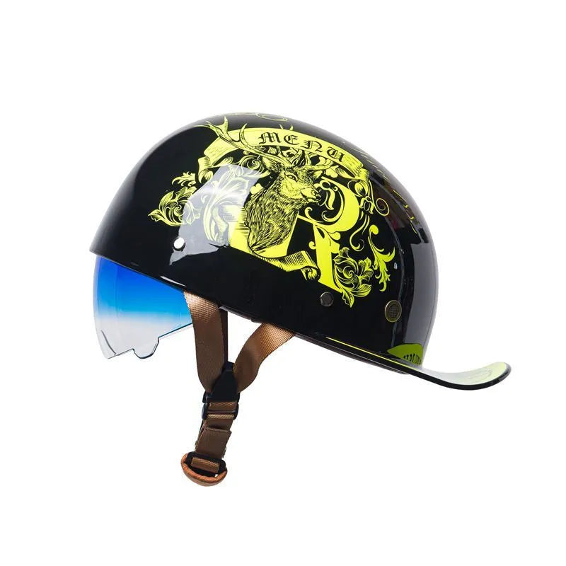 Retro half helmet for electric bicycles in bright black with gradient blue lens visor