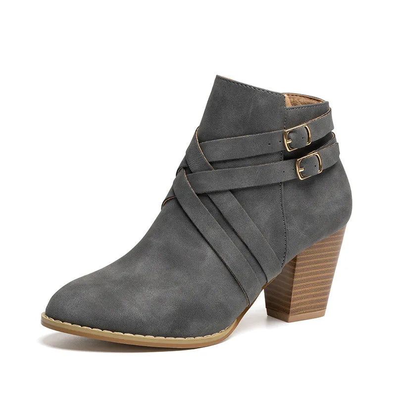 Women's plus size grey ankle boot with a 7cm heel and side zipper.