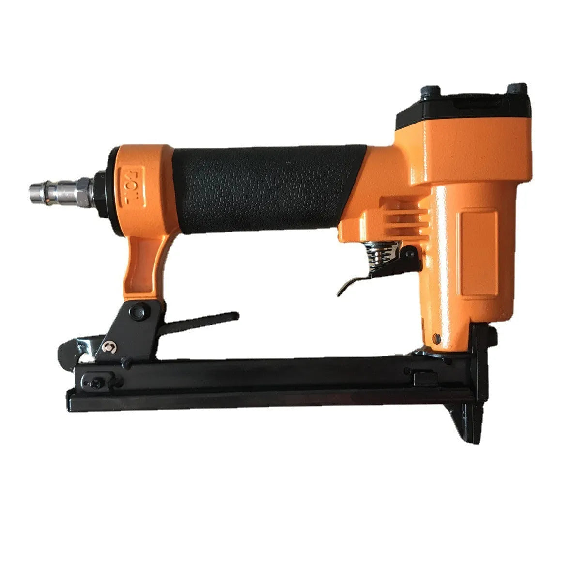 Blue and yellow U-type pneumatic strip nail gun for interior decoration and furniture work.