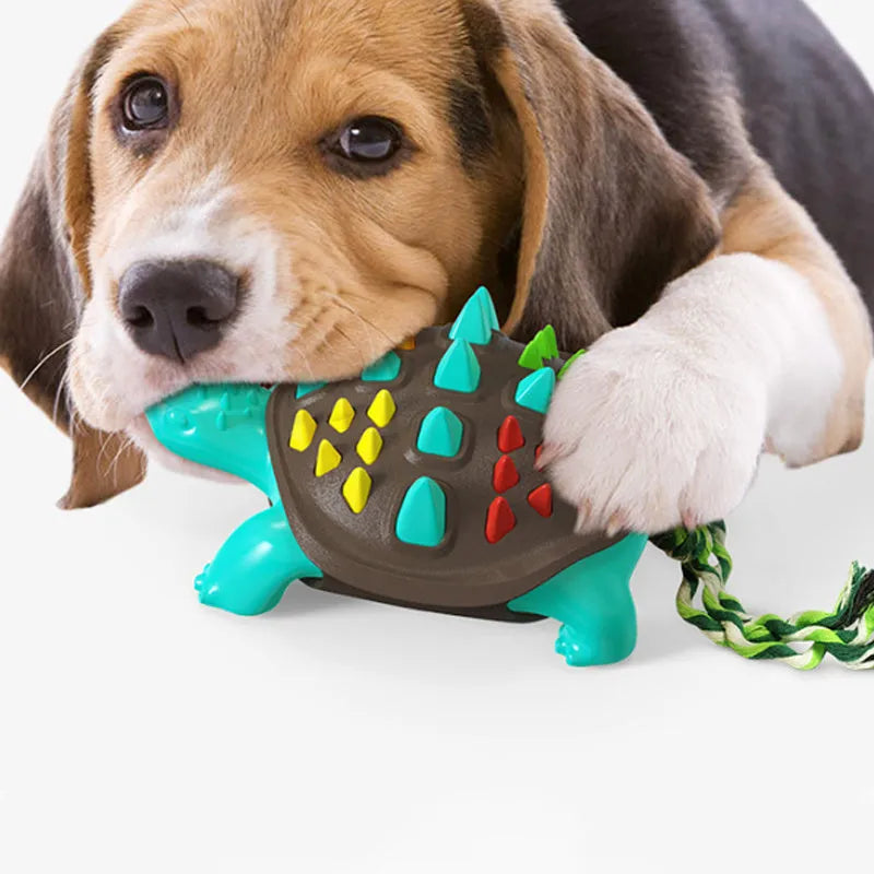 Mint-flavoured natural rubber dog toothbrush chew toy in blue and chocolate colour.