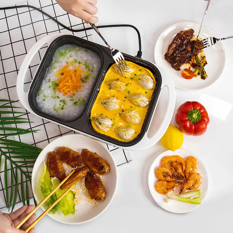 White or green dual-function electric caldron and frying oven appliance for 2-3 people.